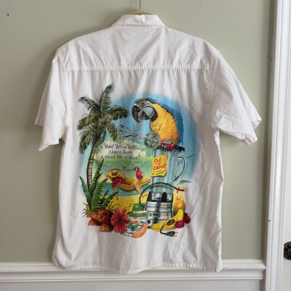 Caribbean Soul Button Shirt Mens M Parrot Graphic White Hawaiian Camp Nautical